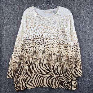 Alfred Dunner Animal Print Sequin Sweater Women 2X White Tan Mixed Knit